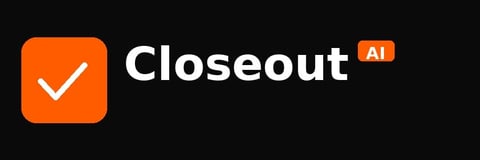 Closeout AI logo with orange checkmark icon and white text on black background